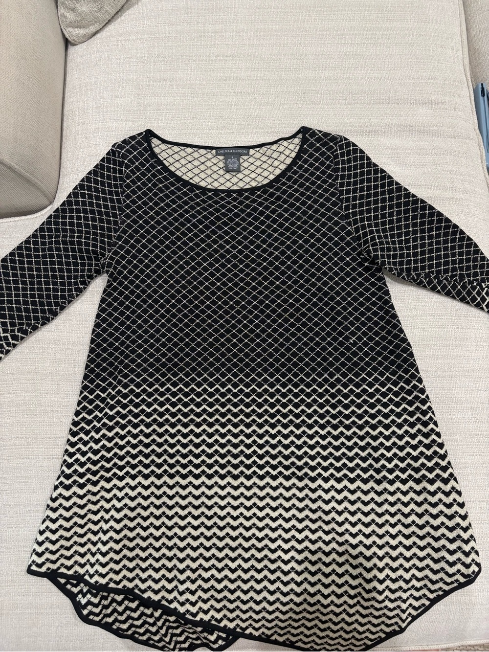 Chelsea & Theodore Black and Cream Asymmetrical Knit Dress